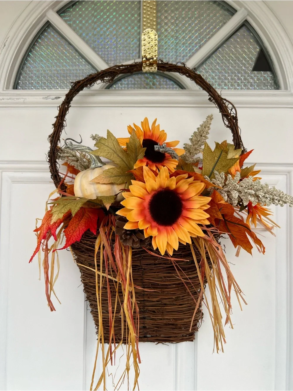 Autumn Sunflower Hanging Basket Wreath - Orange & Brown